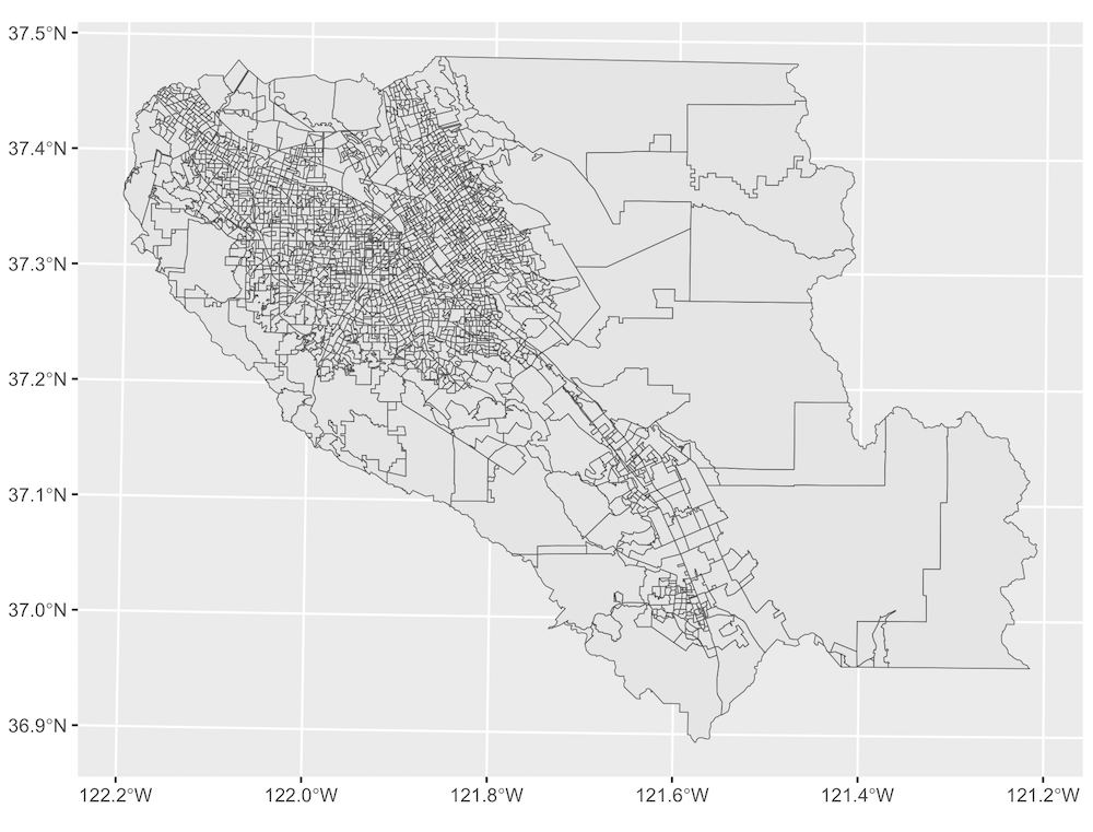 A map of voting precincts of Santa Clara County.